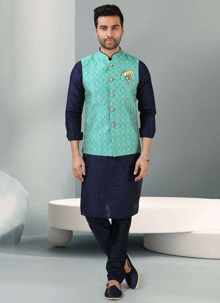 Blue Colour Festive Wear Kurta Pajama With Jacket Mens Collection 1458